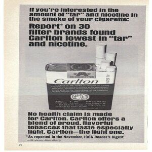 1967 Carlton Filter Cigarettes Lowest in Tar & Nicotine Vintage Print Ad/Poster